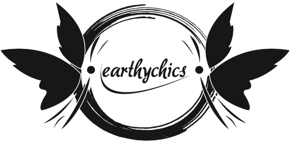 Black and white logo with 'earthychics' text and butterfly wings on a white background